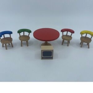 Vtg Dregeno Wooden Dollhouse Miniature Table Chairs Television